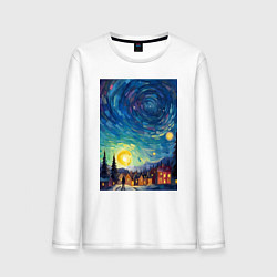 Лонгслив хлопковый мужской Ночной пейзаж в стиле Ван Гога, цвет: белый