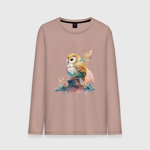 Мужской лонгслив Акварельная милая сова / Пыльно-розовый – фото 1
