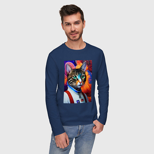 Мужской лонгслив Кот в комбинезоне - нейросеть / Тёмно-синий – фото 3