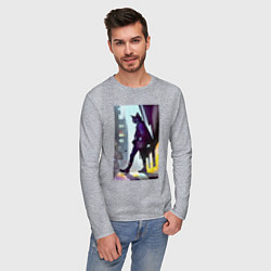 Лонгслив хлопковый мужской Чёрный котяра на своём районе - Бронкс, цвет: меланж — фото 2