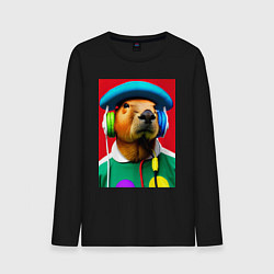 Мужской лонгслив Капибара в наушниках и шляпе - нейросеть