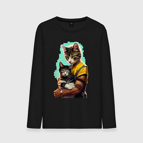 Мужской лонгслив Кот с котёнком - нейросеть / Черный – фото 1