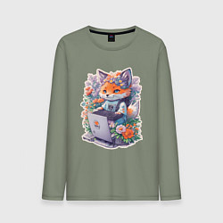 Мужской лонгслив Лиса геймер за компьютером