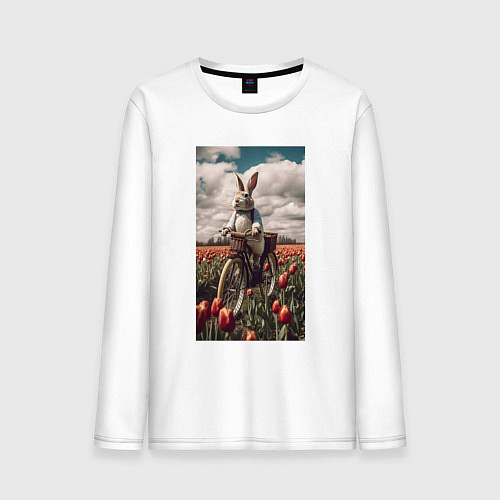 Мужской лонгслив Кролик в цветах на велосипеде / Белый – фото 1