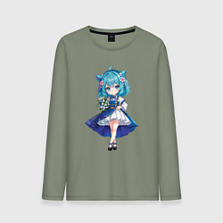 Лонгслив хлопковый мужской Аниме девушка-кошка в синем платье с букетом цвето, цвет: авокадо