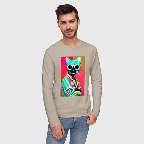 Мужской лонгслив Cat in sunglasses - pop art / Миндальный – фото 3