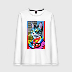 Лонгслив хлопковый мужской Стильный кот - поп-арт, цвет: белый