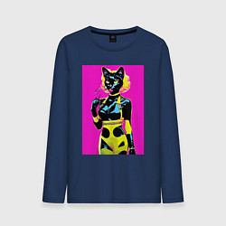 Лонгслив хлопковый мужской Black cat - fashionista - pop art - neural network, цвет: тёмно-синий