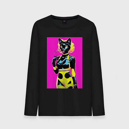 Мужской лонгслив Black cat - fashionista - pop art - neural network / Черный – фото 1