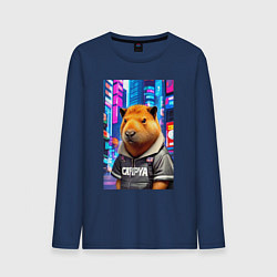 Лонгслив хлопковый мужской Cool capybara - urban style - neural network, цвет: тёмно-синий