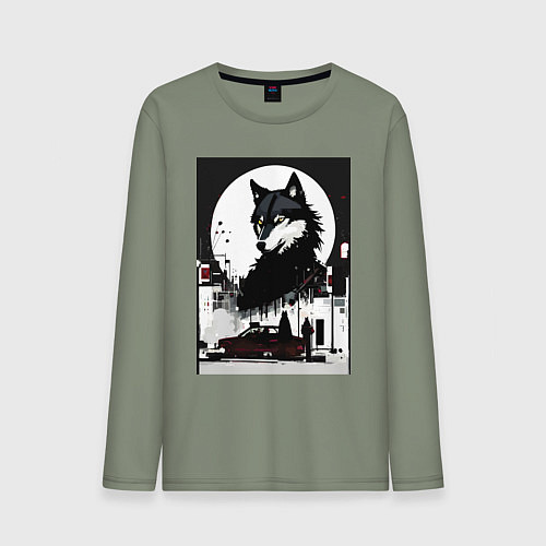 Мужской лонгслив Волк в ночном городе - нейросеть / Авокадо – фото 1