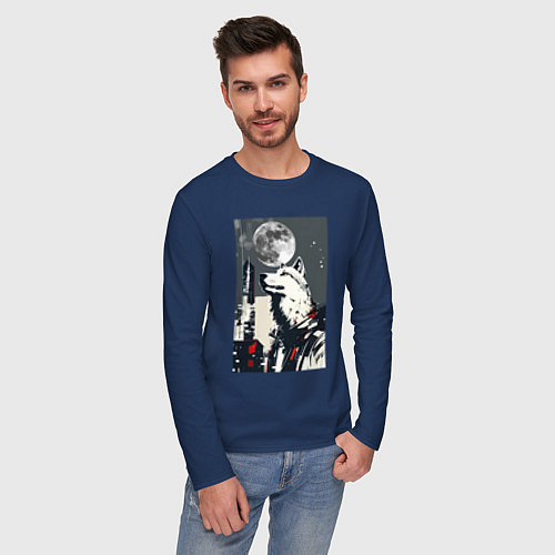Мужской лонгслив Волк на фоне луны - мегаполис - нейросеть / Тёмно-синий – фото 3