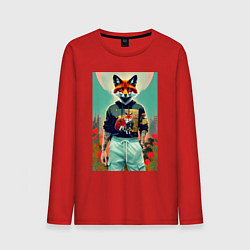 Лонгслив хлопковый мужской Лис в татухах - спортсмен, цвет: красный