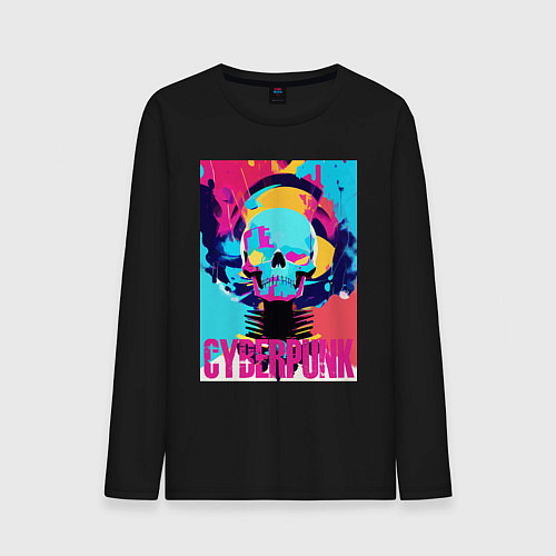 Мужской лонгслив Cool skull - cyberpunk - pop art / Черный – фото 1