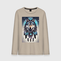 Лонгслив хлопковый мужской Шаман волк, цвет: миндальный