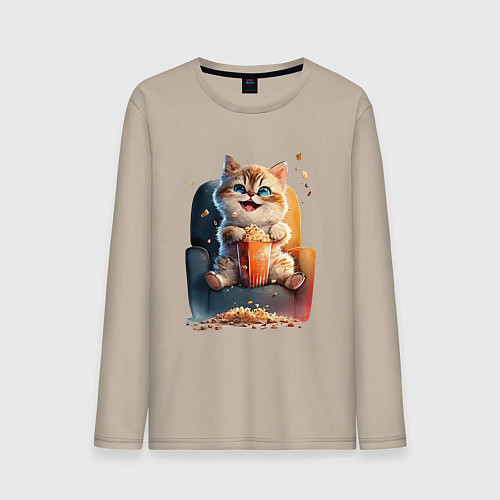Мужской лонгслив Веселый котик с попкорном / Миндальный – фото 1