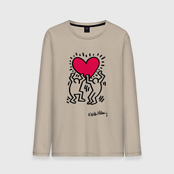 Лонгслив хлопковый мужской Человечки с сердцем - поп арт Кит Харинг, цвет: миндальный