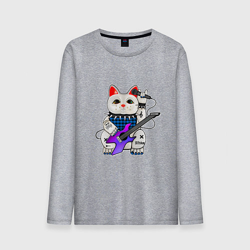 Мужской лонгслив Рок кот нэко с микрофоном и гитарой / Меланж – фото 1