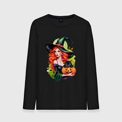 Мужской лонгслив Рыжая ведьма с тыквой и черным котом