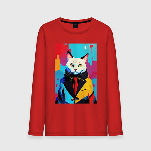 Мужской лонгслив Белый кот модник - поп-арт / Красный – фото 1
