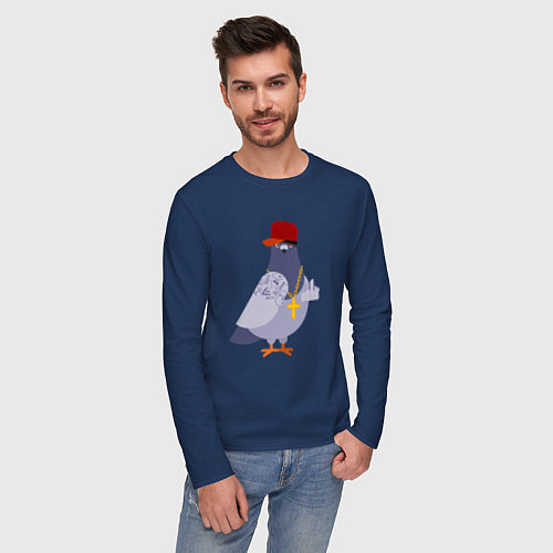 Мужской лонгслив Крутой голубь в кепке показывает f**k / Тёмно-синий – фото 3