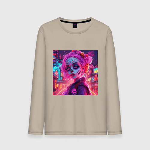 Мужской лонгслив Девушка в макияже ко дню мёртвых / Миндальный – фото 1