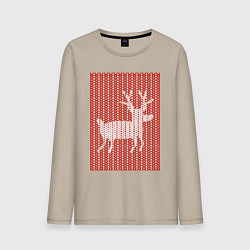 Лонгслив хлопковый мужской Новогодний олень орнамент вязанный свитер, цвет: миндальный