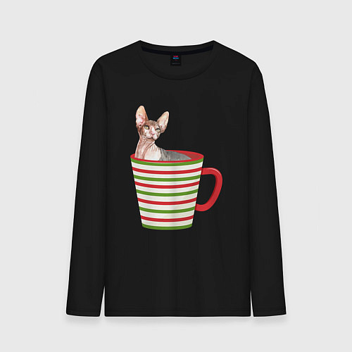 Мужской лонгслив Сфинкс в новогодней полосатой кружке / Черный – фото 1