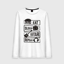 Лонгслив хлопковый мужской Еда сон гитарка, цвет: белый
