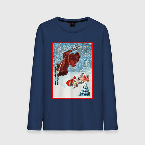 Мужской лонгслив Медведь на дереве и заяц / Тёмно-синий – фото 1