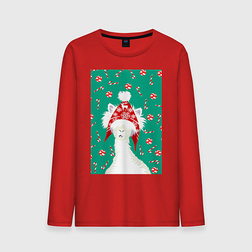 Мужской лонгслив Лама - альпака в ушанке / Красный – фото 1