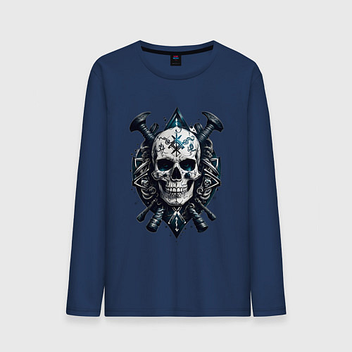 Мужской лонгслив Татуированный череп викинга / Тёмно-синий – фото 1