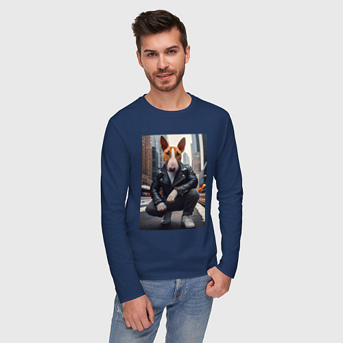 Мужской лонгслив Булли на улице Нью-Йорка - нейросеть / Тёмно-синий – фото 3
