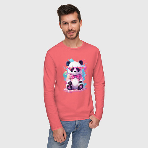 Мужской лонгслив Милая панда в розовых очках и бантике / Коралловый – фото 3