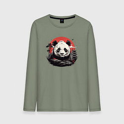 Лонгслив хлопковый мужской Панда с красным солнцем, цвет: авокадо