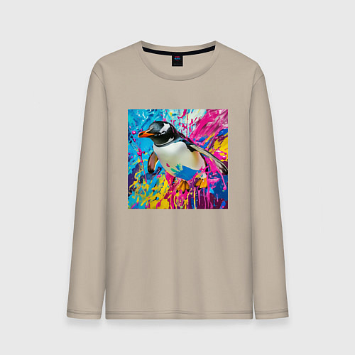 Мужской лонгслив Плавающий в краске пингвин / Миндальный – фото 1