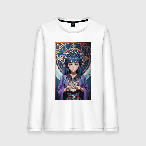 Мужской лонгслив Аниме девушка шаманка с котом / Белый – фото 1
