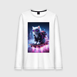 Лонгслив хлопковый мужской White cat on a hoverboard - ai art, цвет: белый