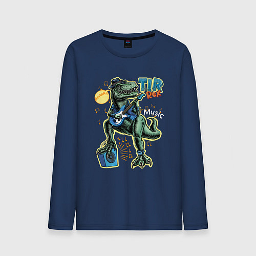 Мужской лонгслив Тираннозавр с гитарой в шляпе / Тёмно-синий – фото 1