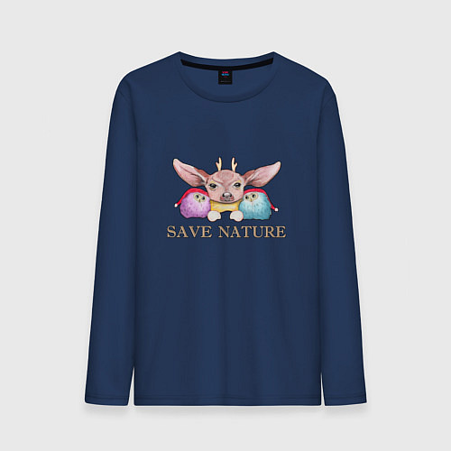 Мужской лонгслив Олень и совы: сохранить природу / Тёмно-синий – фото 1