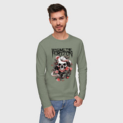 Лонгслив хлопковый мужской Bring Me the Horizon - A skull with roses, цвет: авокадо — фото 2