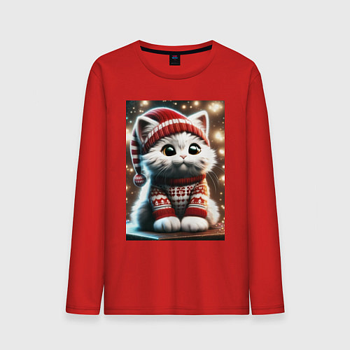 Мужской лонгслив Котик в новогоднем свитере / Красный – фото 1