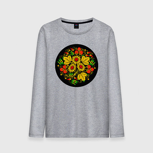 Мужской лонгслив Хохломская роспись цветы и ягоды в чёрном круге / Меланж – фото 1