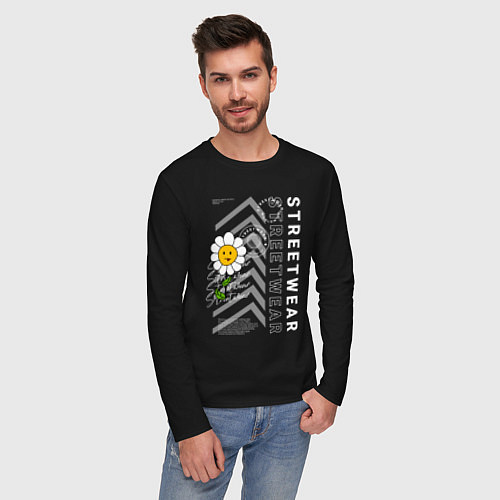 Мужской лонгслив Ромашка streetwear / Черный – фото 3