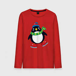 Лонгслив хлопковый мужской Пингвин на коньках, цвет: красный