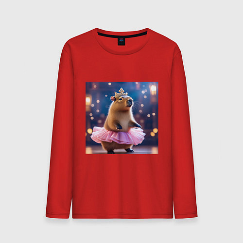 Мужской лонгслив Мем капибара балерина в розовой юбочке и короне / Красный – фото 1