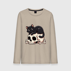 Мужской лонгслив Черный кот лежит на черепе