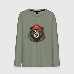 Лонгслив хлопковый мужской Русский медведь в шапке с гербом, цвет: авокадо