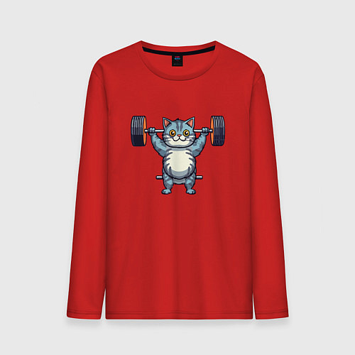 Мужской лонгслив Кот с штангой / Красный – фото 1