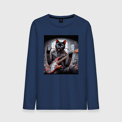 Мужской лонгслив Чёрный котяра рок гитарист / Тёмно-синий – фото 1
